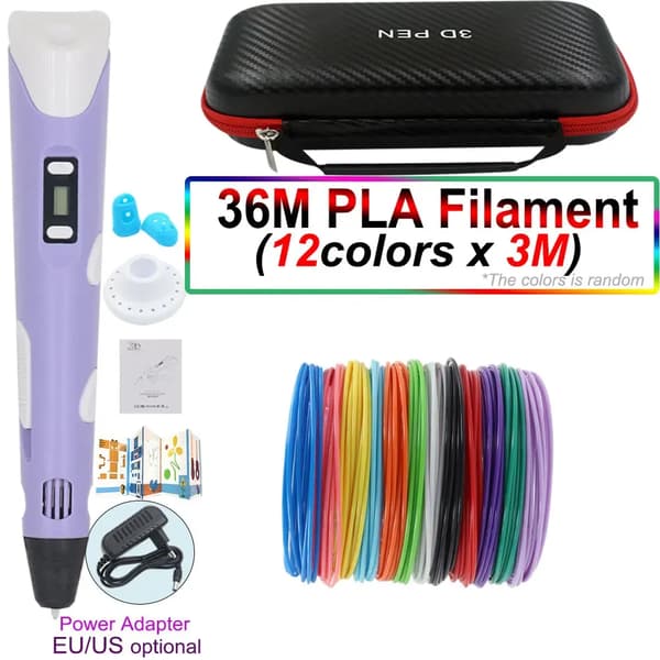 3D-penn med 36 meter PLA-filament og oppbevaringspose (lilla)