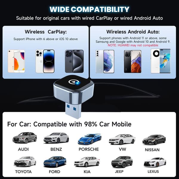 Trådløs CarPlay-adapter, 2-i-1 til CarPlay og Android Auto-kompatibel