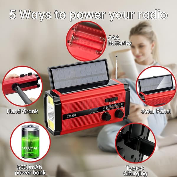 Radio aurinkokennogeneraattorilla 5000MAH taskulampulla (Punainen)