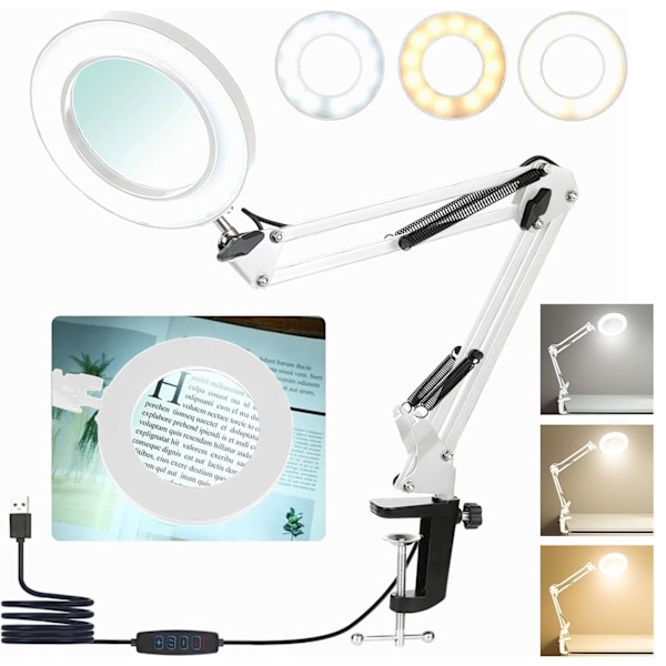 10X Förstoringsglas Justerbar LED-lampa med 3 Färglägen för Hantverk Hobby Läsning Vit