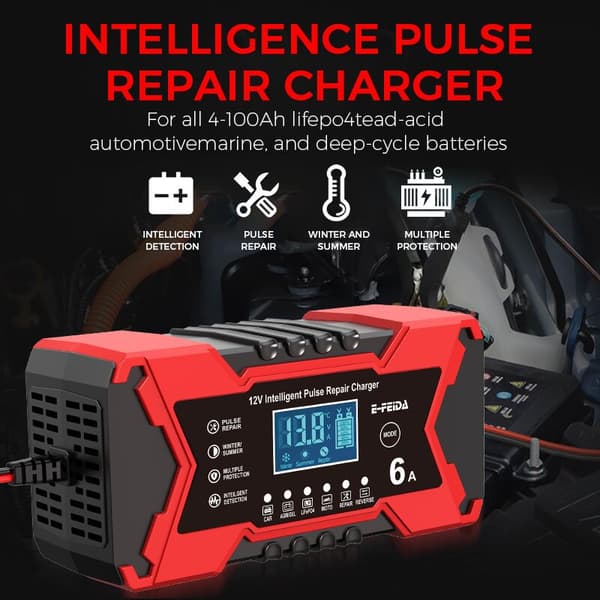 Smart batterilader 12V6A med autoreparasjonsfunksjon, for blybatterier (gul)