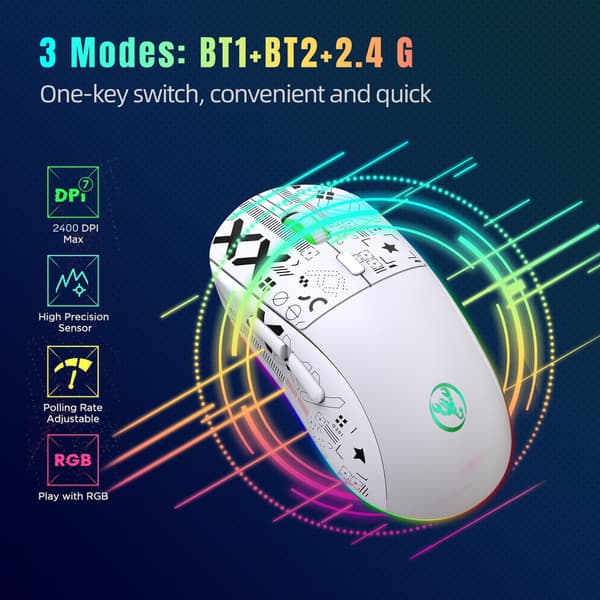 Trådløs Gaming Mus T90 3600Dpi hvit
