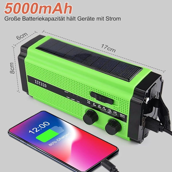 Vevradio Nödsituation Solcellsdriven Radio med 5000mAh Uppladdningsbart Batteri, (Grön)