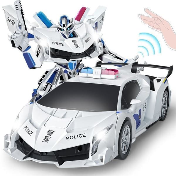 Fjernkontroll Transformerende Bilrobot med Lys og Musikk (50 Minutters Batteritid - Hvit)