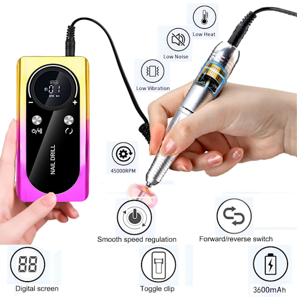 45000RPM Uppladdningsbar Portabel Nagelfil Elektrisk DIY Nagelborr Kit med Smart LCD-Skärm MULTIFÄRGAD