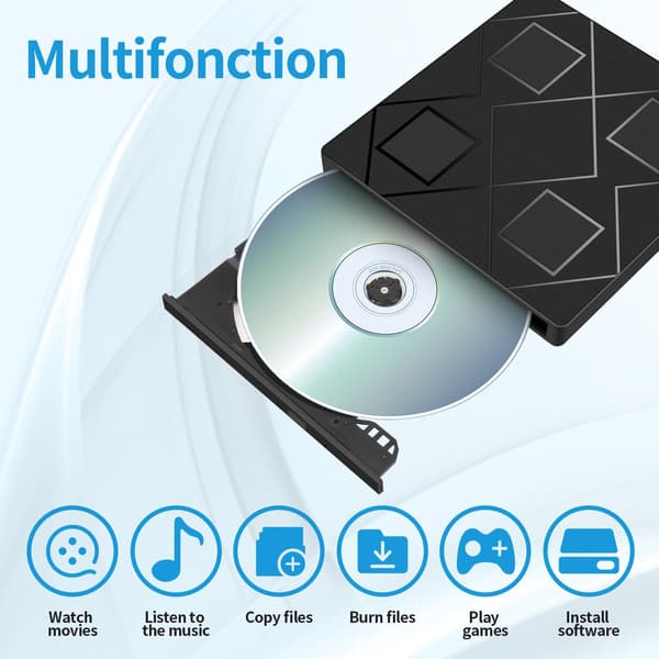 5-in-1 ulkoinen DVD/CD-poltin, musta