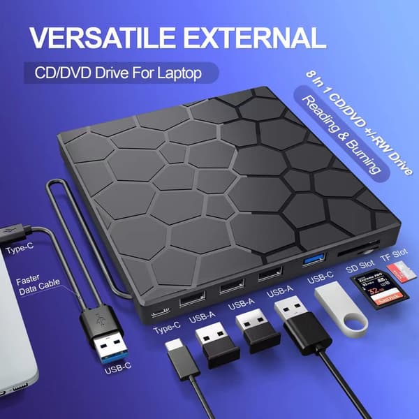 Extern CD/DVD-enhet, 8 i 1 USB 3.0 Ultra-Slim Portabel, CD-brännare Extern Diskenhet (Svart)