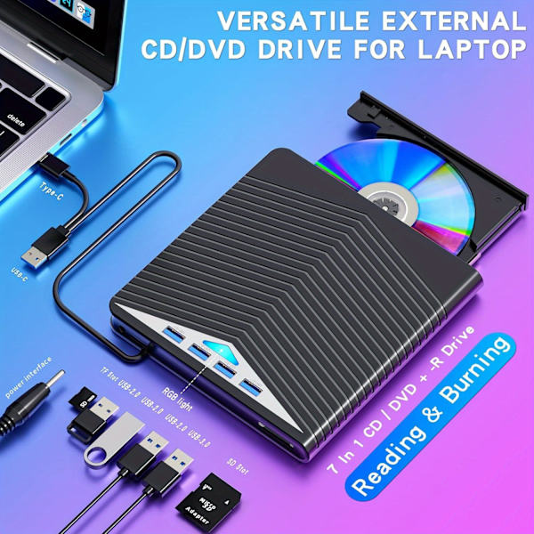 Extern CD DVD-enhet USB 3.0 Multifunktionell Typ-C CD-brännare