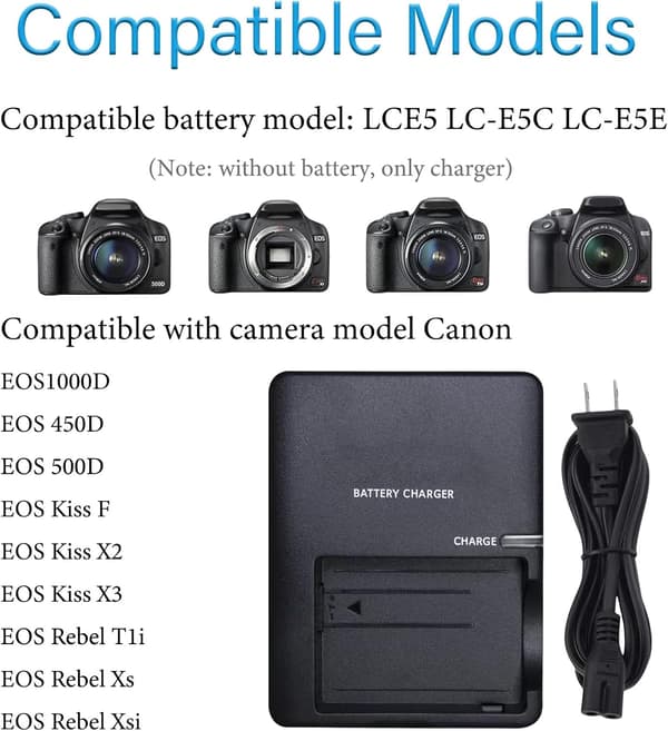 Oplader til Canon LP-E5 batteri til EOS1000D, EOS450D, EOS500D og EOS Kiss X2