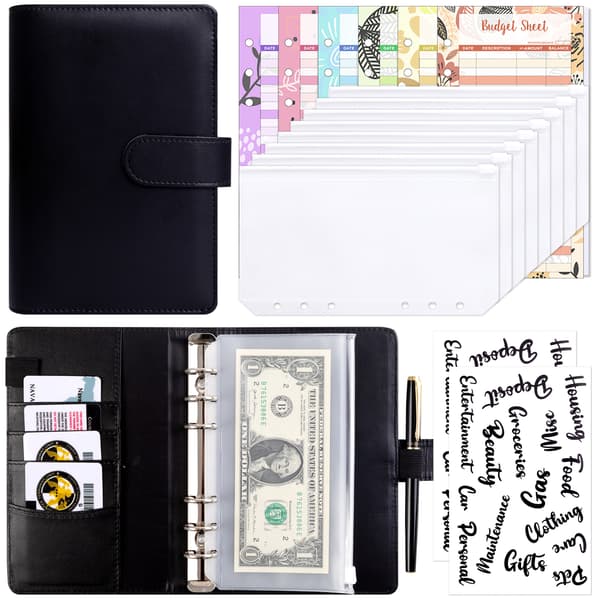 Budgetbinder A6 PU-læder Notesbog Planlægger Organizer Sort 23 dele