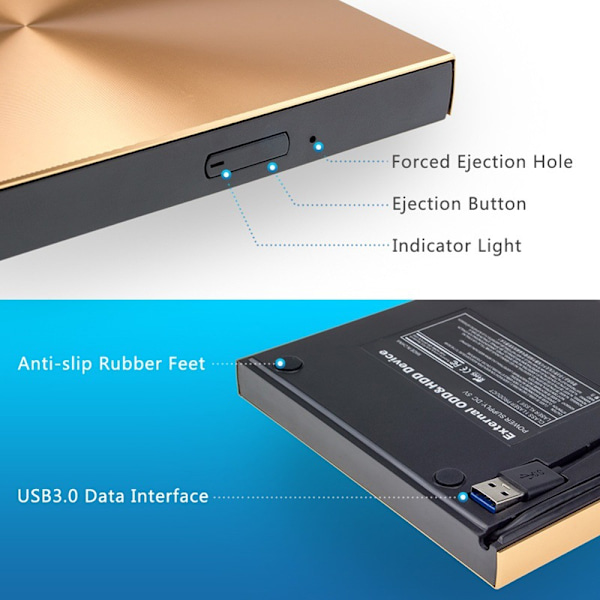 Ulkoinen DVD-asema, USB3.0 alumiiniseos erittäin ohut kannettava CD-ROM-soitin (kulta)