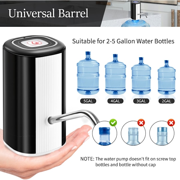 5 Gallon Vattenflaskpump USB Elektrisk Dricksvattendispenser för Hem Kök Kontor svart