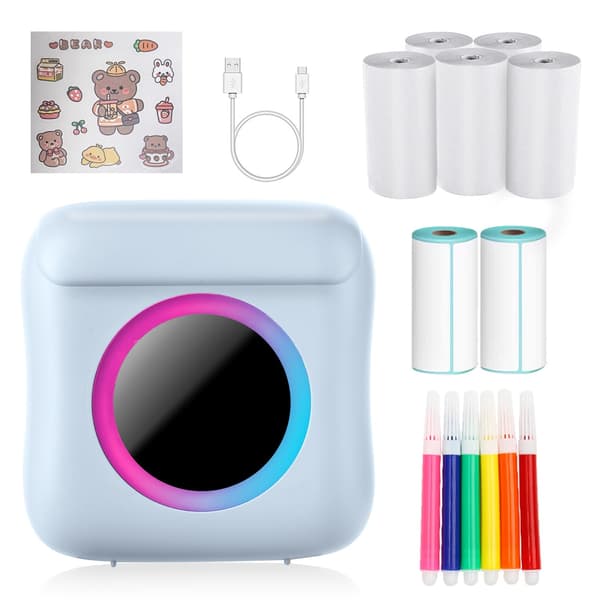 Portabel Fotoprinter med 7 Rullar Utskriftspapper, Mini Bläckfri Printer för iOS och Android
