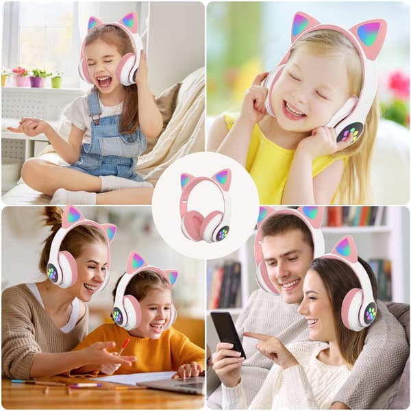 Bluetooth-hörlurar, barnhörlurar, med RGB-kattöron (rosa)
