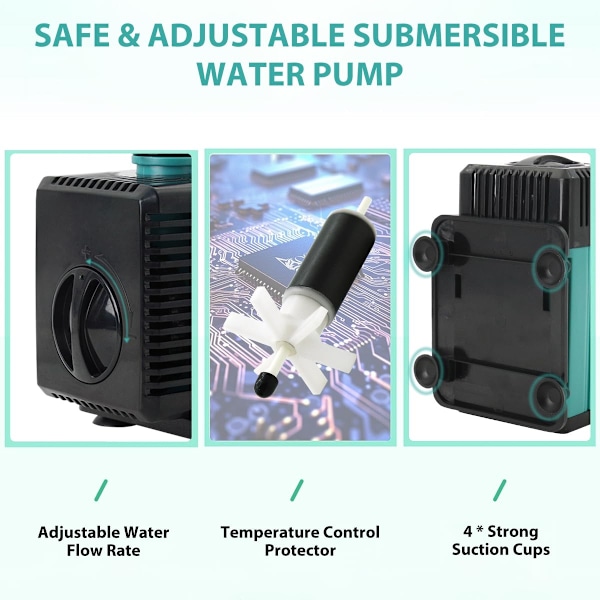 Upotettava vesipumppu suihkulähteeseen (4000 l/h, 85 W) 4 suuttimella, 4,5 metrin nostokorkeus
