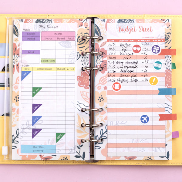 Budgetbinder A6 PU-læder Notesbog Planlægger Organizer Gul 27 dele