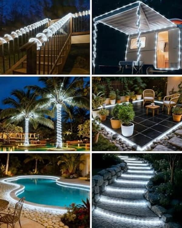 LED-strips, Solcelledrevne lyslenker, vanntette, 7 M, 50 lys, 8 moduser (hvit)