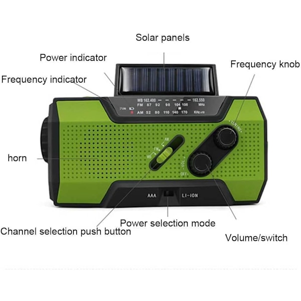 Aurinkokennoradio, AM/FM-sääradio käsikammella ja kannettava 2000 mAh:n varavirtalähde (vihreä)