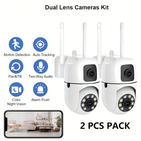 Dubbla Linser FHD 1080P Säkerhetskamera Med Smart Rörelsedetektering 2.4GHz 2-PACK