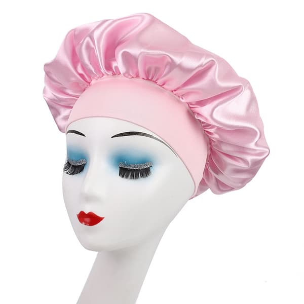 Sovehette Beskytter Hår, Satin sovehette med bred brem (rosa)