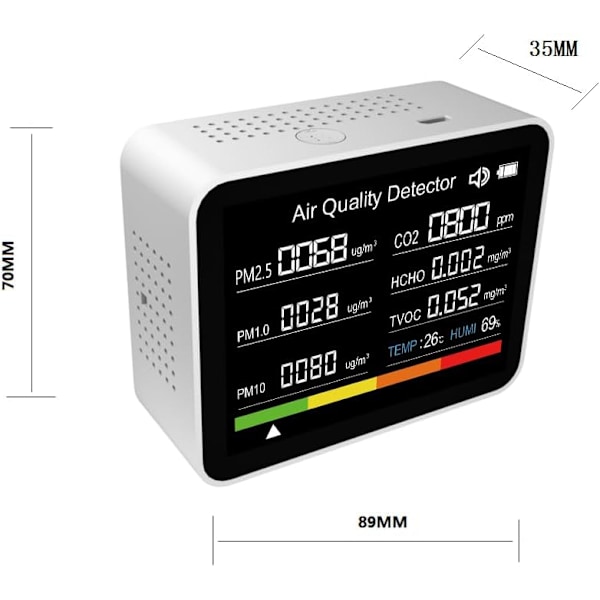 Luftkvalitetstester, 8 i 1 Luftkvalitetsmonitor CO2-måler Kuldioxid Detektor (Sort)