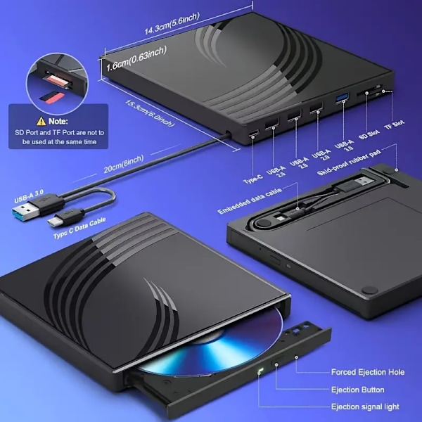 Multifunktionelt eksternt optisk drev USB 3.0 & TYPE-C DVD-brænder