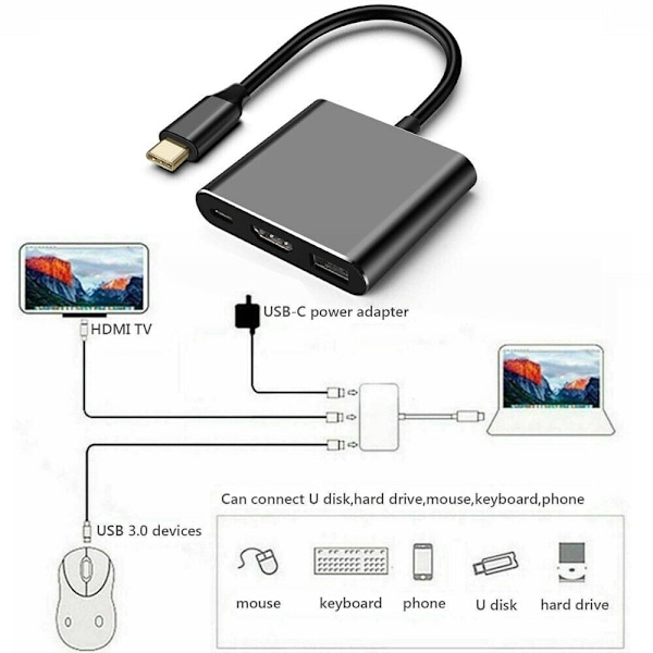 3 i 1 Type C USB 3.1 til HDMI Adapter Laptop Hub til Macbook Air Pro Surface