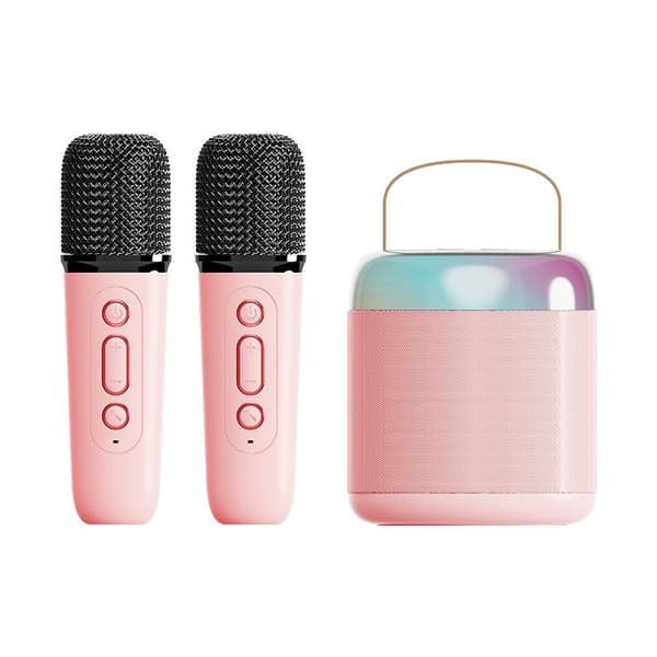 Mini Karaoke-laite lapsille, langaton Bluetooth-kaiutin 2 mikrofonilla (pinkki)