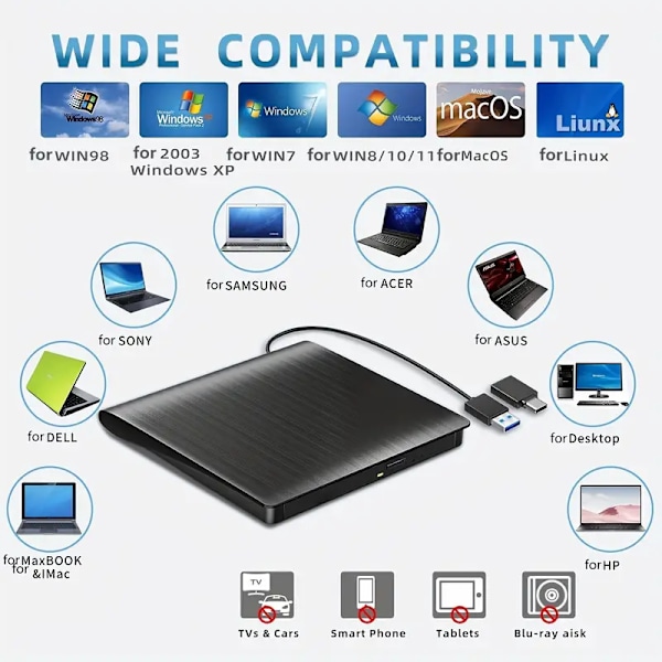 Extern CD/DVD-läsare för Laptop USB 3.0 Portabel RW Optisk Läsare/DVD-spelare