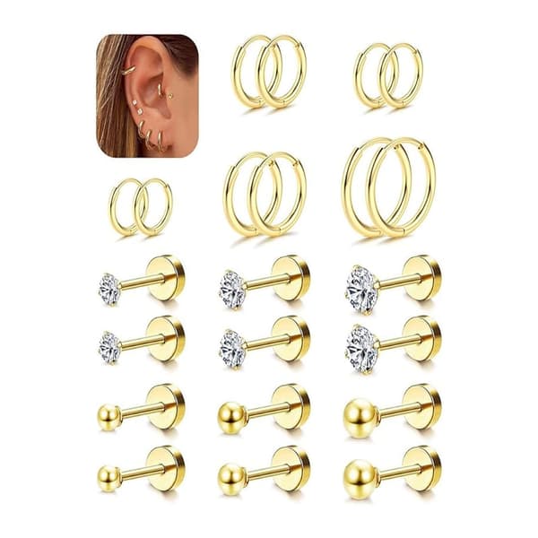11 par øreringe i rustfrit stål, Zircon, unisex (guld)