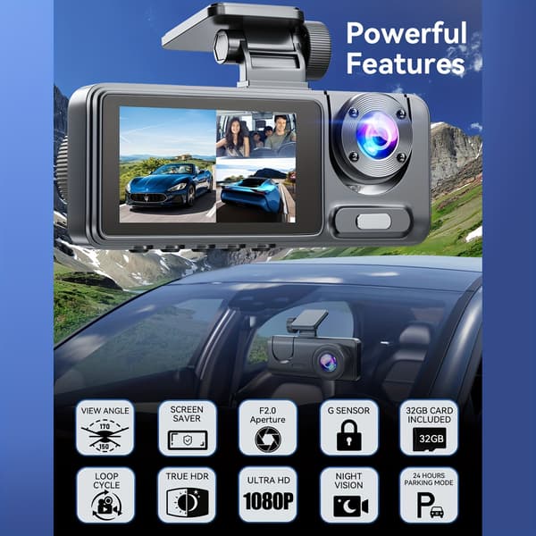 Dual Dash Cam, 3-kanals Dash Cam, 1080P Bilkamera Front