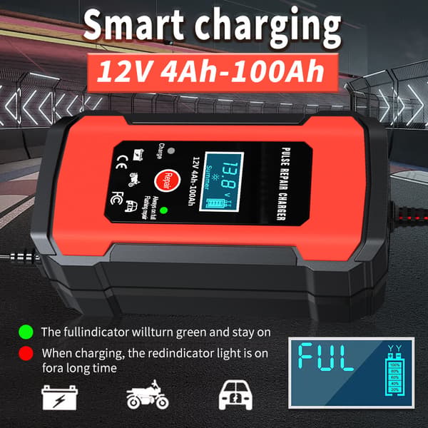 Smart batterioplader 12V 6A autoreparation, til blysyre- og lithiumbatterier (gul)