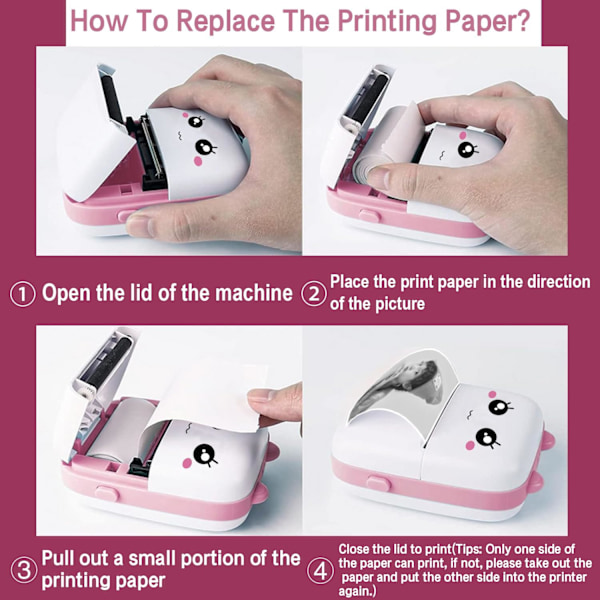 Bærbar termisk printer med 11 ruller trykpapir, pink