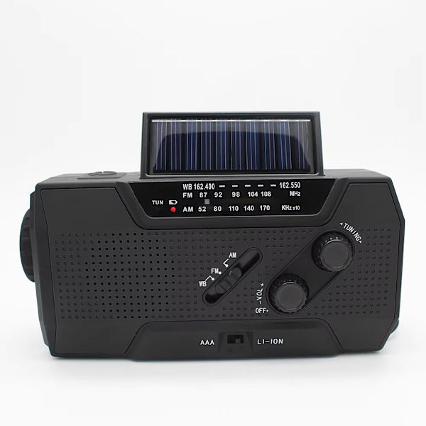 Radio aurinkokennolla, virrantuotanto 2000mAh, taskulampulla (musta)
