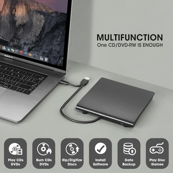 Ekstern CD DVD +/-RW Drev USB 3.0 & USB-C Bærbar CD/DVD ROM Afspiller Brænder Læser Skriver (Sort)