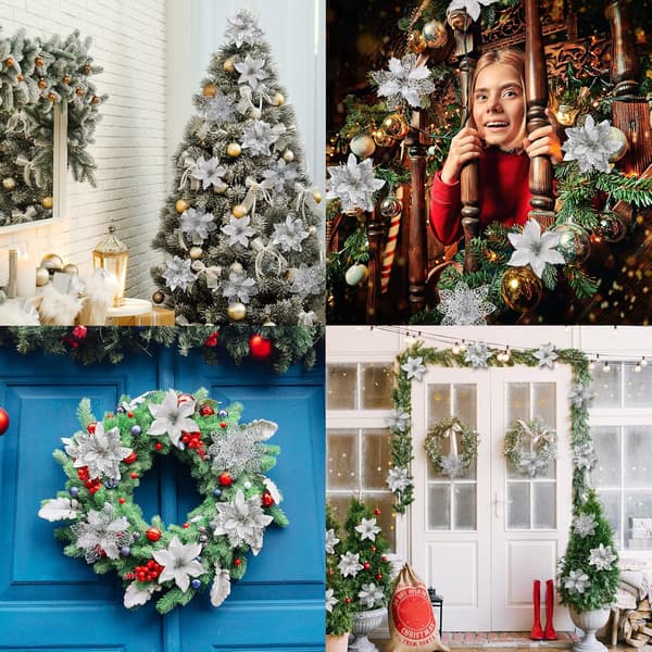24 stk. Juleblomster, Glitter sølv Kunstige Blomster med Klyper Egnet