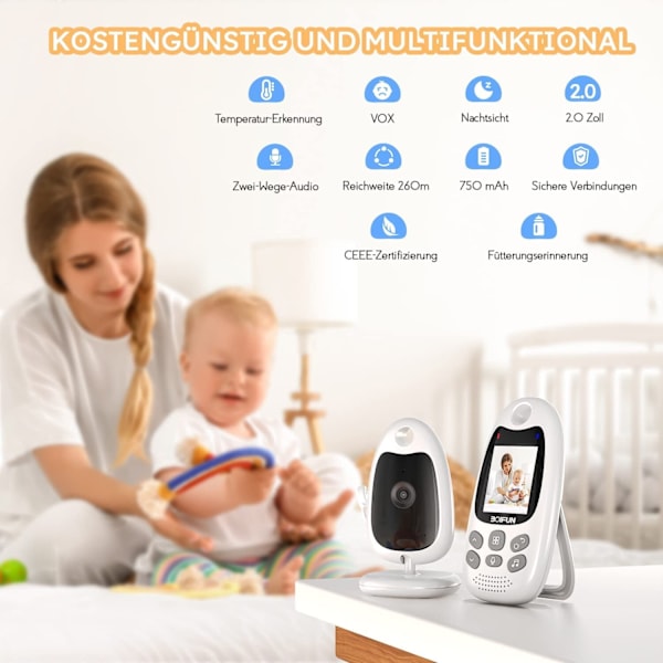 VB610 Babyalarm 2 Tommer Skærm med Tovejs Stemme Intercom Automatisk Nattesyn
