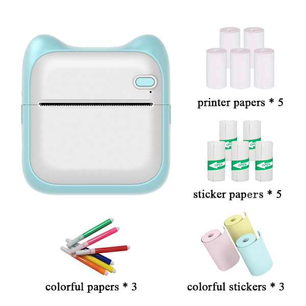 Bluetooth Termisk Printer Blå (5 ruller trykpapir, 5 ruller selvklæbende papir, 3 ruller farvet papir, 6 farvede penne)