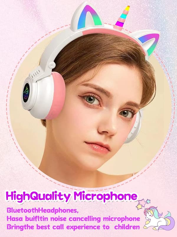 Bluetooth-hörlurar, barnhörlurar, enhörningshörlurar med ljus (Vit)