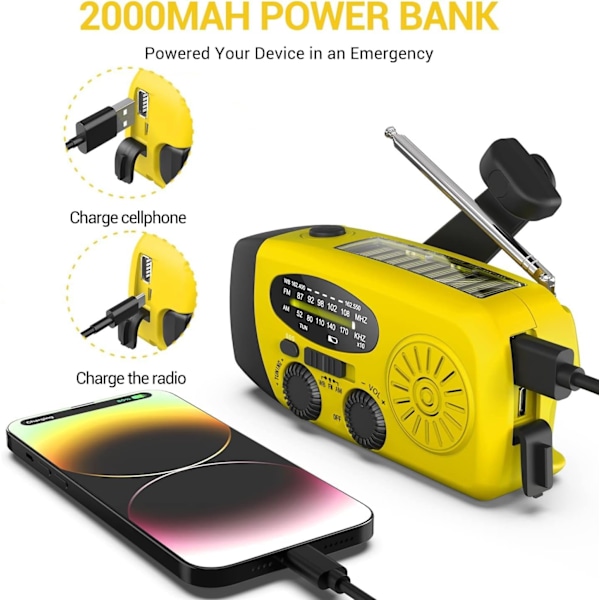 Nödradio med solceller, portabel handvevsradio AM/FM med LED-ficklampa 2000mAh batteri /gul