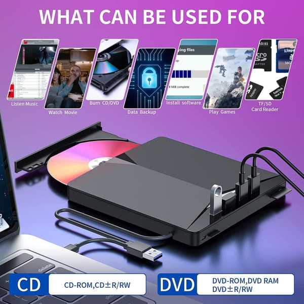 Ekstern CD/DVD-drev til bærbar computer, 7 i 1 USB 3.0 DVD-afspiller Bærbar CD/DVD-brænder