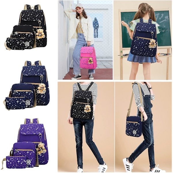 Tähtikuvioiset reppusetit kouluun, koululaukut teinitytöille, crossbody-laukulla, 3 kpl pinkki