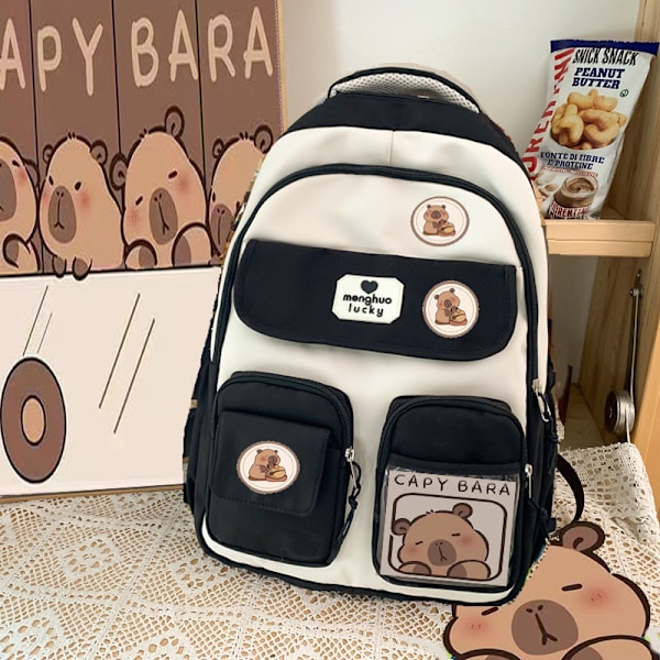 Capybara Rygsæk Til Skole, Sød Preppy Æstetisk Rygsæk Med Kawaii Nål Og Tilbehør Til Piger Sort