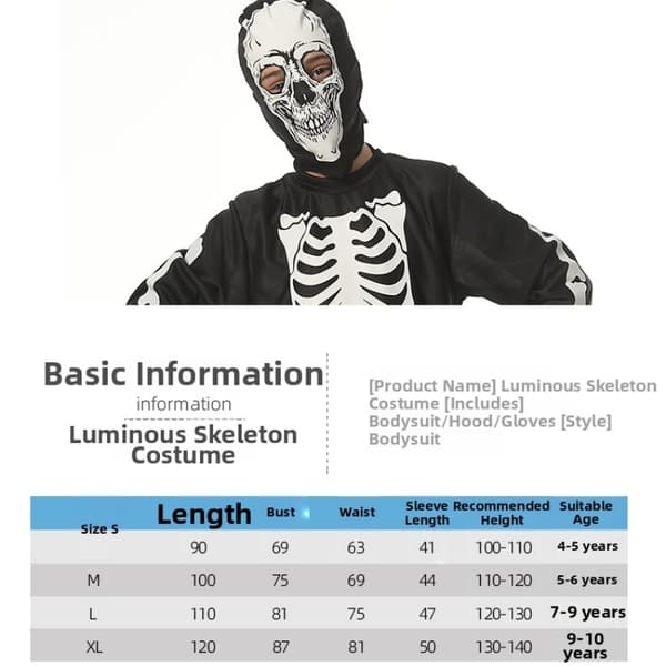Barnas selvlysende skjelettkostyme, Halloween-festkjole (Size M)