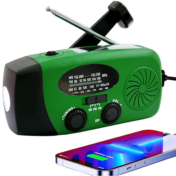 Hätätilanteen aurinkosääradio 2000mA ulkokäyttöön kannettava käsikampi FM/AM-radio LED-taskulampulla/vihreä