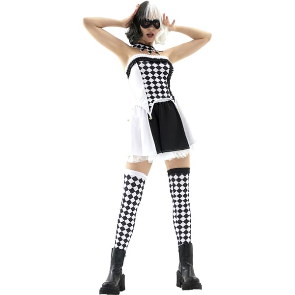 Kvinder Sort Hvid Ternede Klovneheks Kostume, Halloween festkostumer (S)