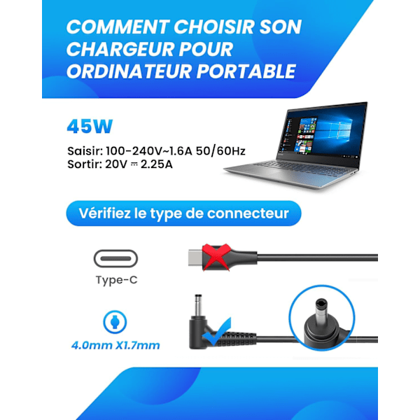 45W Laptop Laddare för Lenovo IdeaPad 310 320 320S 330 100 110S 120 120S 510S 530 Notebook Adapter