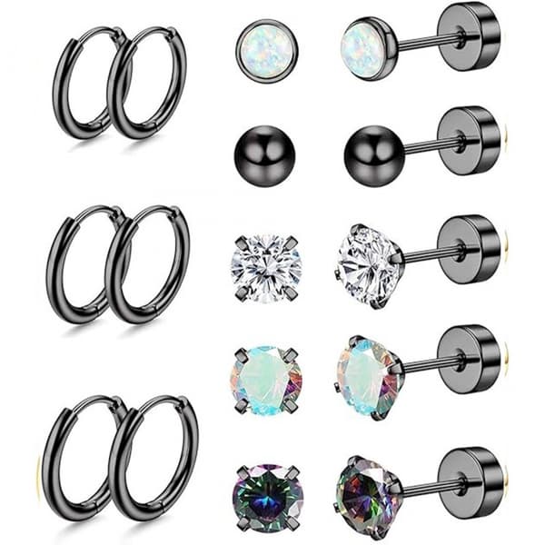 8 par øreringe i rustfrit stål, runde zirkoner, til følsomme ører (sort)