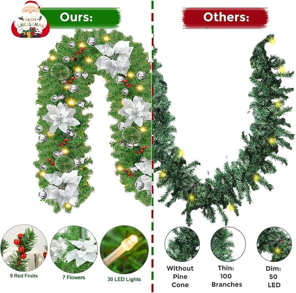 Julekrans, med LED-lys, dekorativ jul, 2,7 m (sølv)