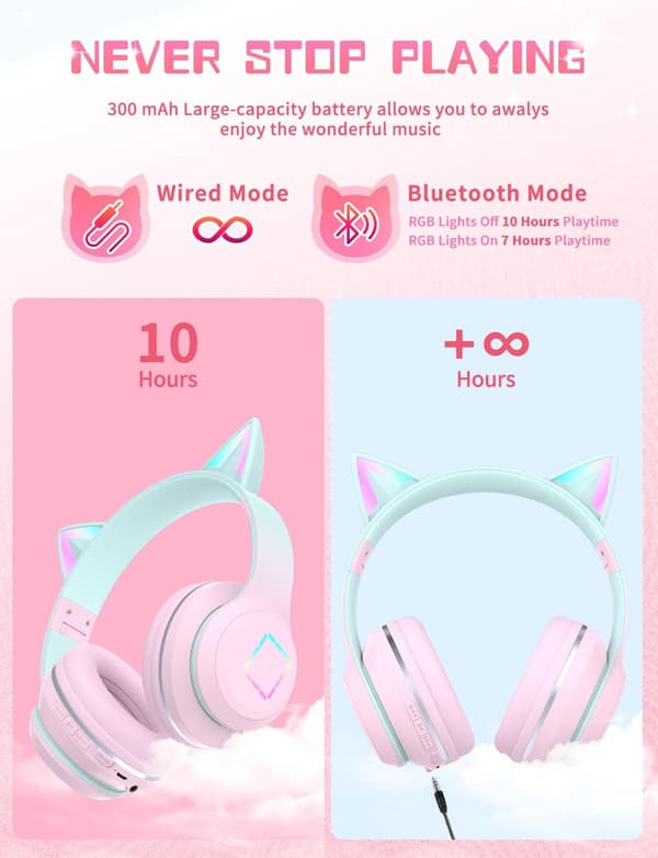 Bluetooth-hörlurar, Stereo barnhörlurar med lysande kattöron (rosa)